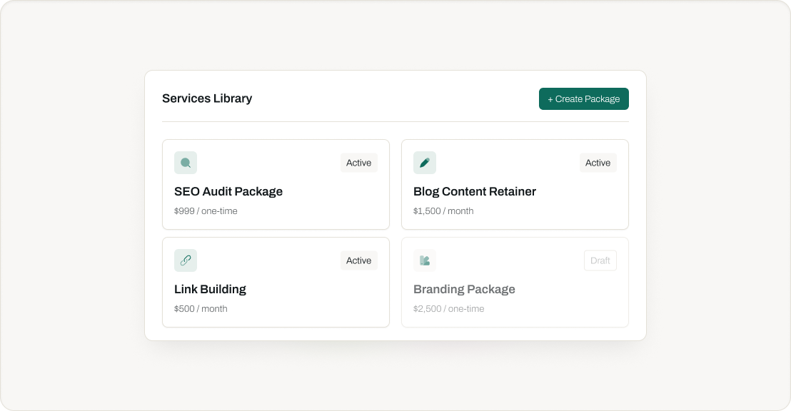 Hubsleek Services Library dashboard preview showing packages and active services